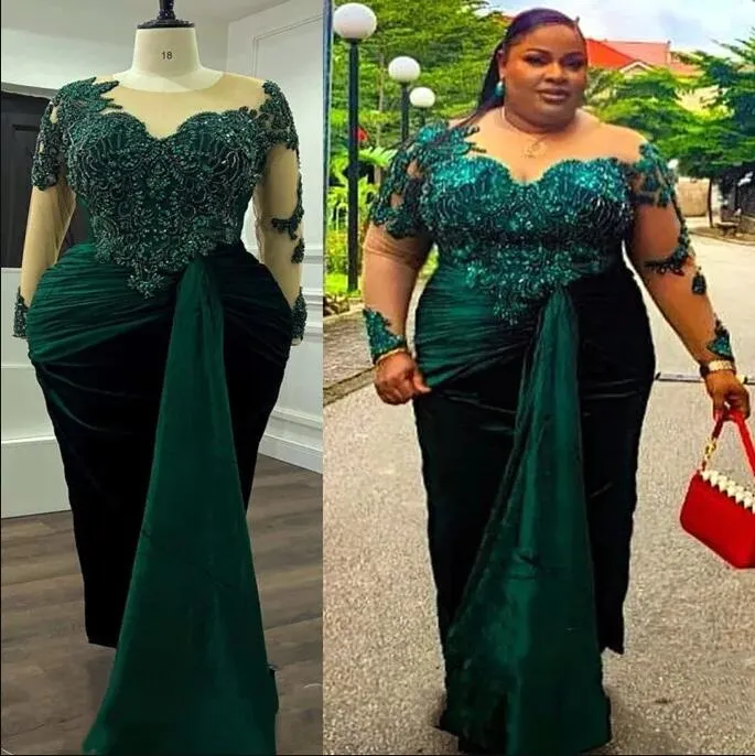 Hunter vert sirène robes de bal à manches longues arabe Aso Ebi luxueux cristal perlé Occasion robe de soirée grande taille