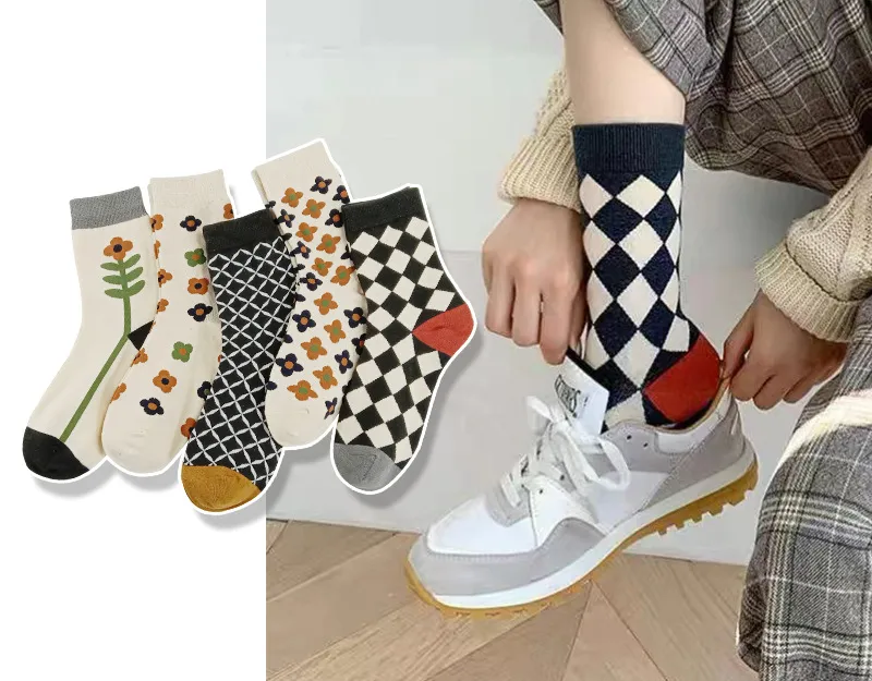 Socks Women's Autumn Winter Chessboard Damska Modna Tuba Moda wszechstronna