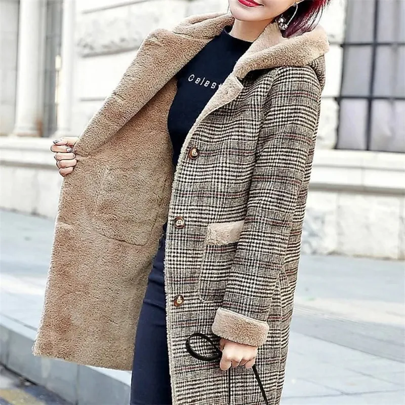 女性のウールブレンド格子縞のコートティックベルベット厚い暖かいミッドレングスジャケットフード付きエンコートレディースウィンタージャケットフェイクファー221201