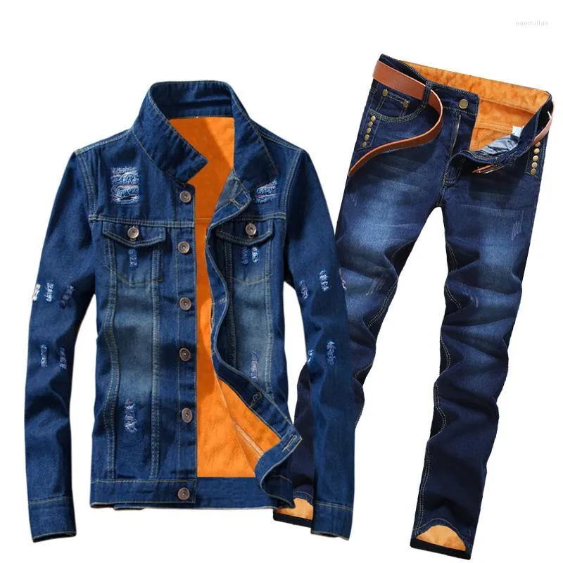 Heren trainingspakken winter vrouwen mannen fleece voering dikke warme denim 2 -delige set slanke cowbody jacket jeans pak safari -stijl vrachtbroek