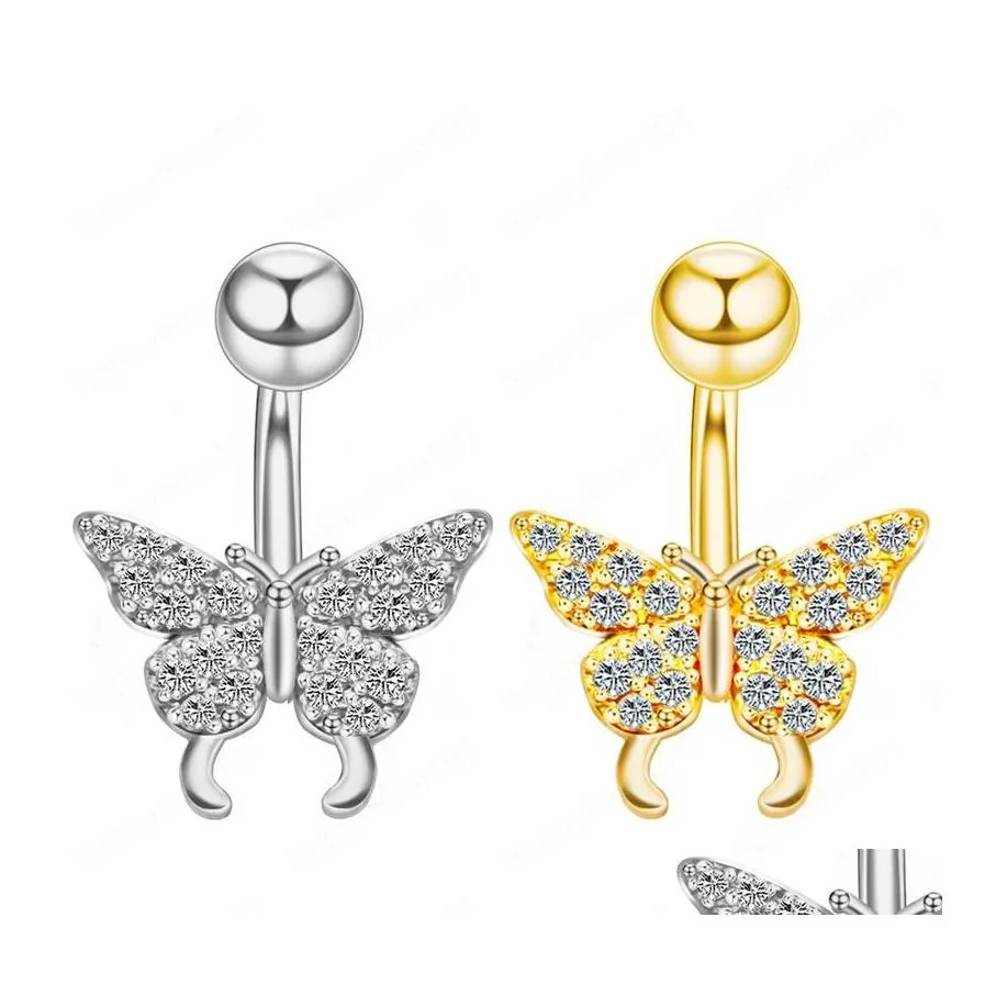 Navel Bell Button Rings Surgical Steel Belly Button Rings Cubic Zirconia Butterfly Navel Curved Barbell Studs Sexy Body Piercing J Dhqaq