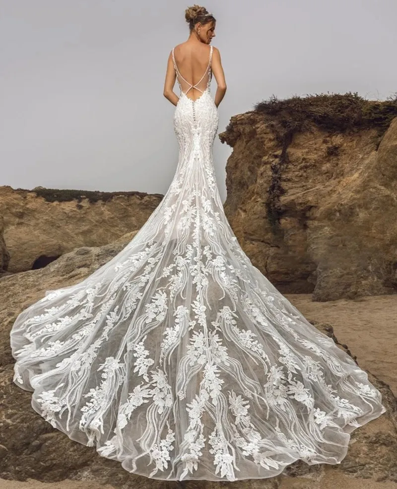 Свадебные платья Русалка 2023 Глубокая V-образная рукавица с длинно открытой спиной жениться на заказ плюс размеры vestidos de novia gb1202x6