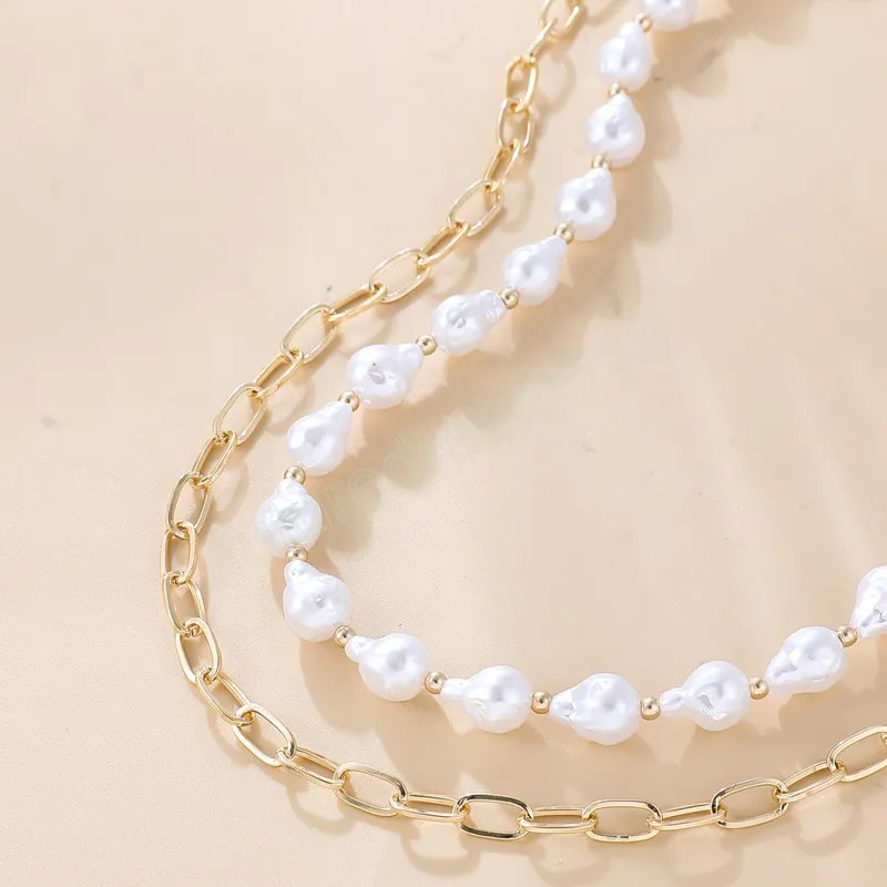 Fashion Irregular Large Imitation Pearl Necklaces Gold Color Link Chain Necklace for Women Statement Jewelry