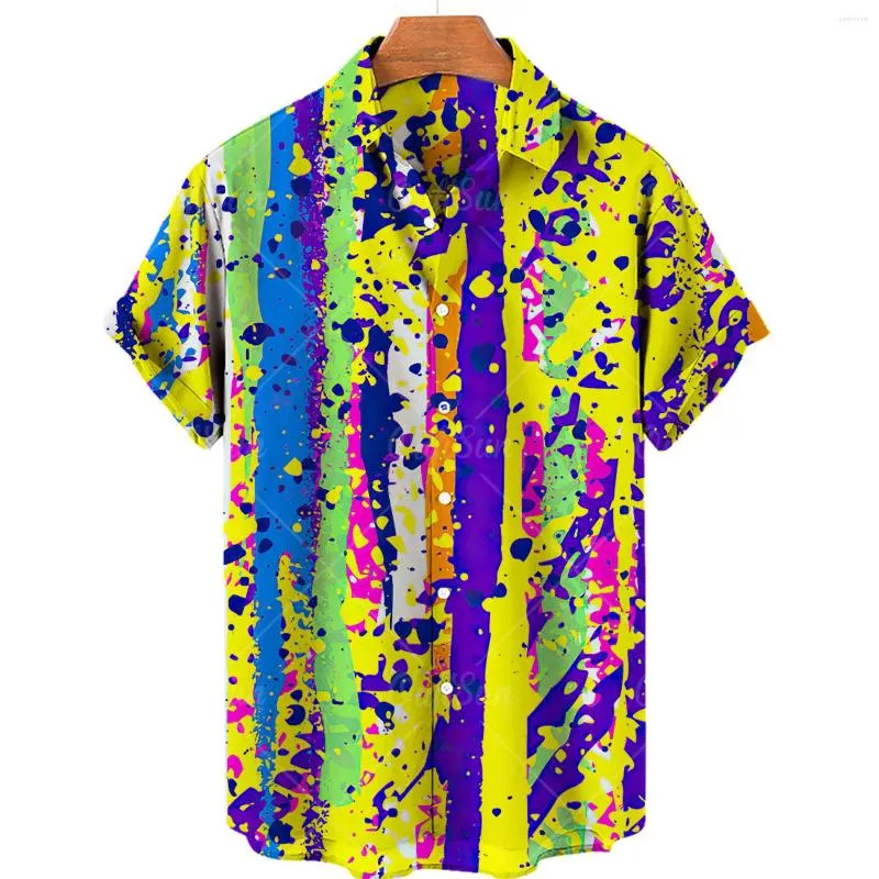 Camicie casual da uomo 2022 Camicia hawaiana fresca estiva Stampa a righe colorate Maglietta da uomo giornaliera a maniche corte traspirante leggera 5XL