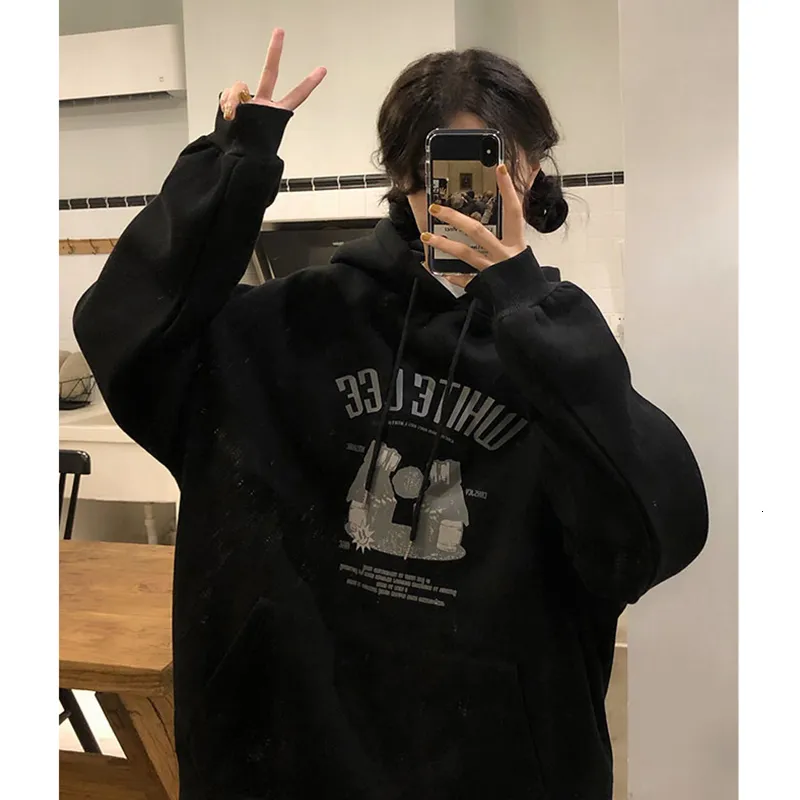 Women's Hoodies Sweatshirts American Black Baggy Pullover Fashion Letter Printing Fleece Sweatshirt Lazy Wind Raglan Sleeves Hoodie Autumn Winter 221202