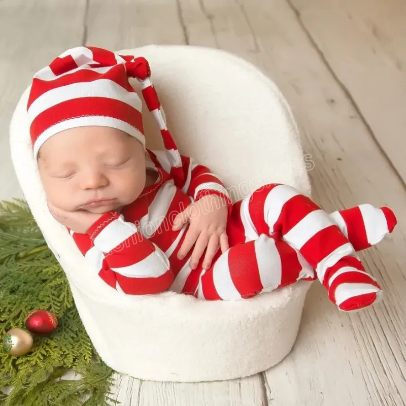 Pasgeboren beer Bonnet Pyjama Set Red White Stripe pasgeboren fotografie Kostuum Prop Footie Romper met hoed