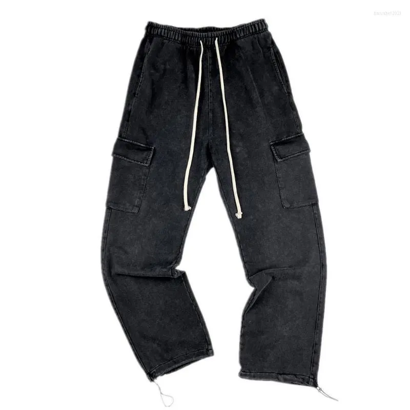 Pantalones para hombres Vintage Black Heavy Terry Sweetpants 420gsm Algodón Bolsillos laterales Cargo Unisex Otoño Streetwears