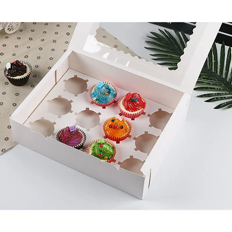 Gift Wrap 10st 12 Cup Muffin Cupcake Kraft Paper Cake Box Wedding Favor Birthday Party Dessert Packaging Holder In Round Hole White 221202