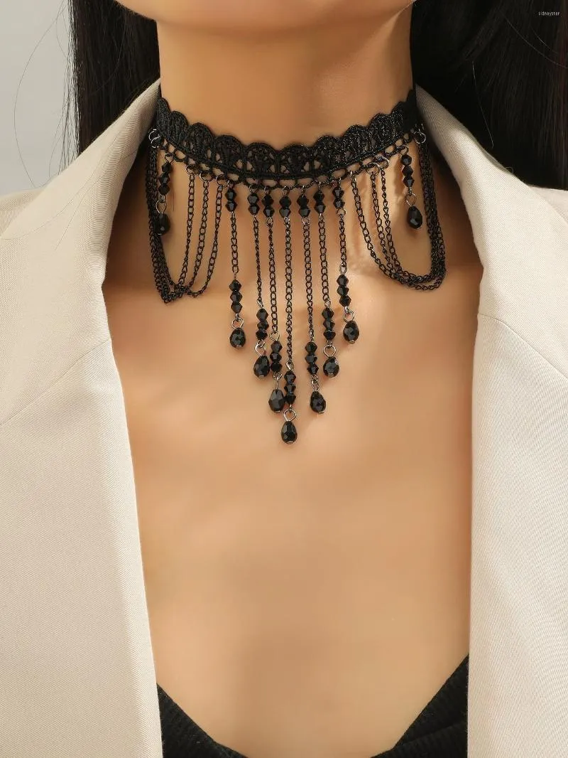 Choker Fashion Gothic Victorian Crystal Tassel Tastoo Ожерелье черное кружев