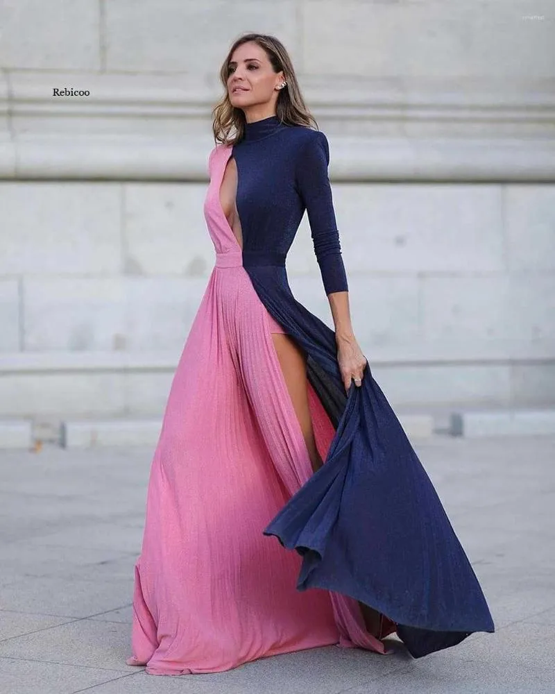 Casual Dresses Women Dress Hollow Out Split Sexy Color Stitching Maxi Temperament Long Sleeve High midje bollkl￤nning