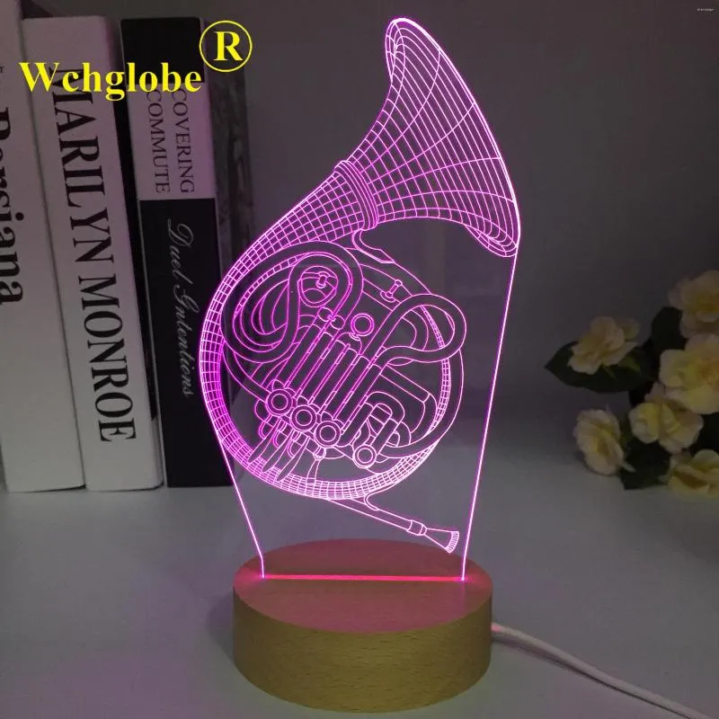 Nachtlichter Französisch Horn Licht Holz 3D -LED -Lampe Optische Illusion mit 7 Farb ändern