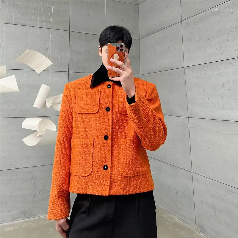 Men's Jackets French Fashion Vintage Suit Jacket Man Korean Streetwear Loose Casual Orange Wool Short Men Women Coat Outerwear