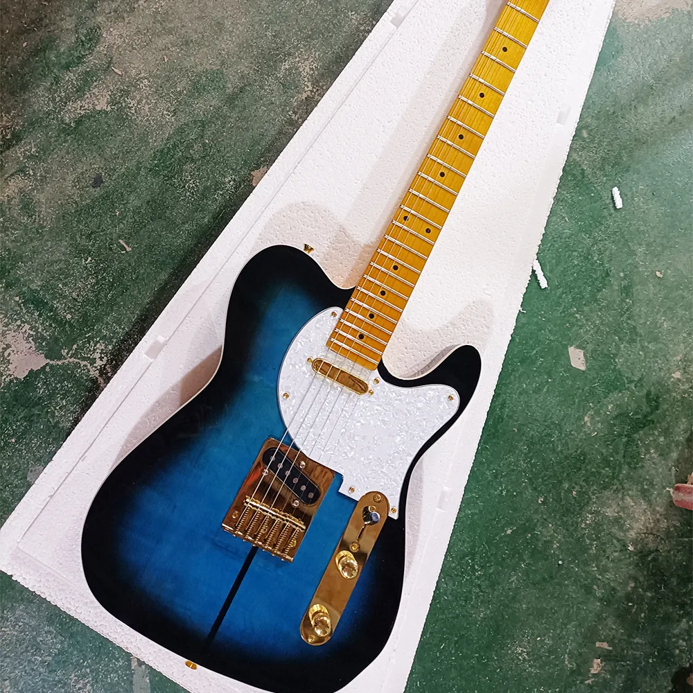 6 Strings Blue Dog E -Gitarre mit gelbem Ahorn Griffbrett weiße Perle Pickguard anpassbar