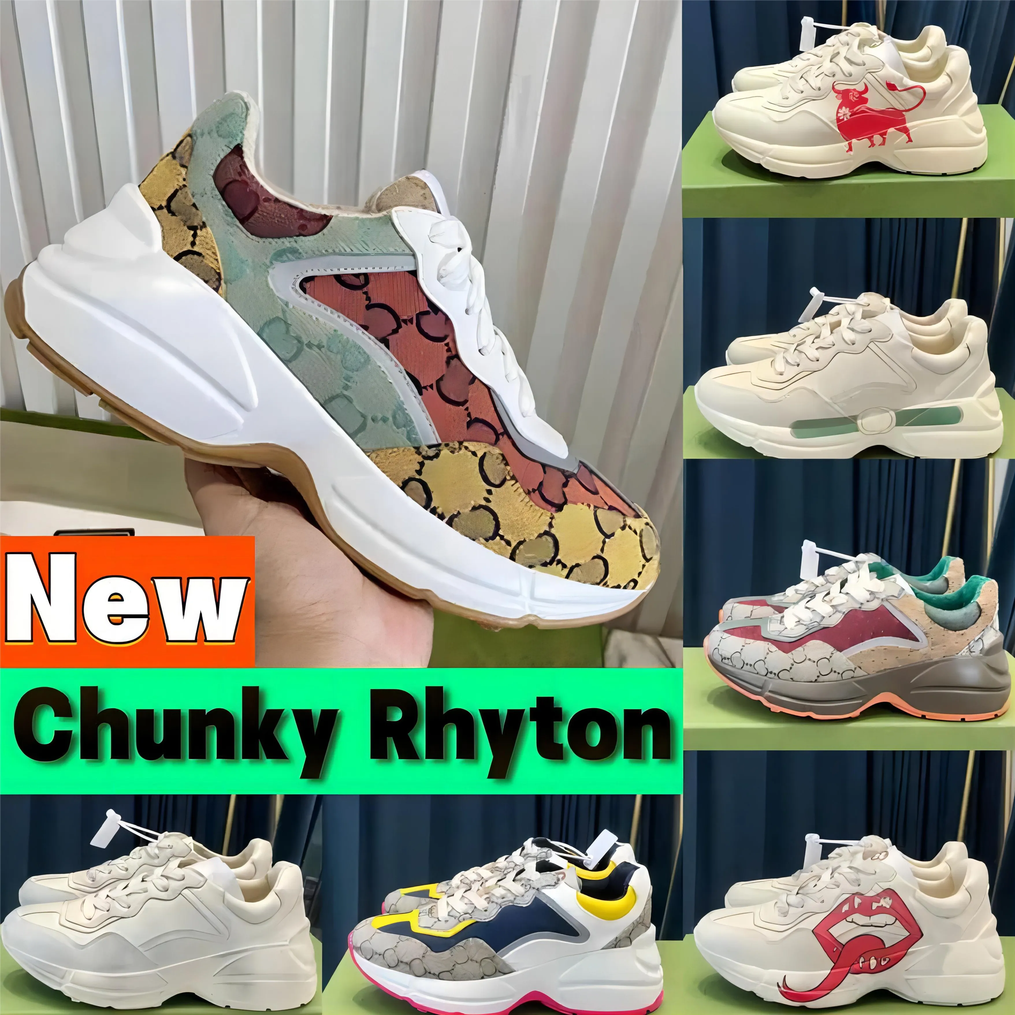 Chaussures décontractées Rhyton Hommes femmes Italie Top Beige Baskets Vintage Luxe Confortable fraise rat grande bouche tigre maille robe Dames Designer Sneakers Taille 36-45 w7f1