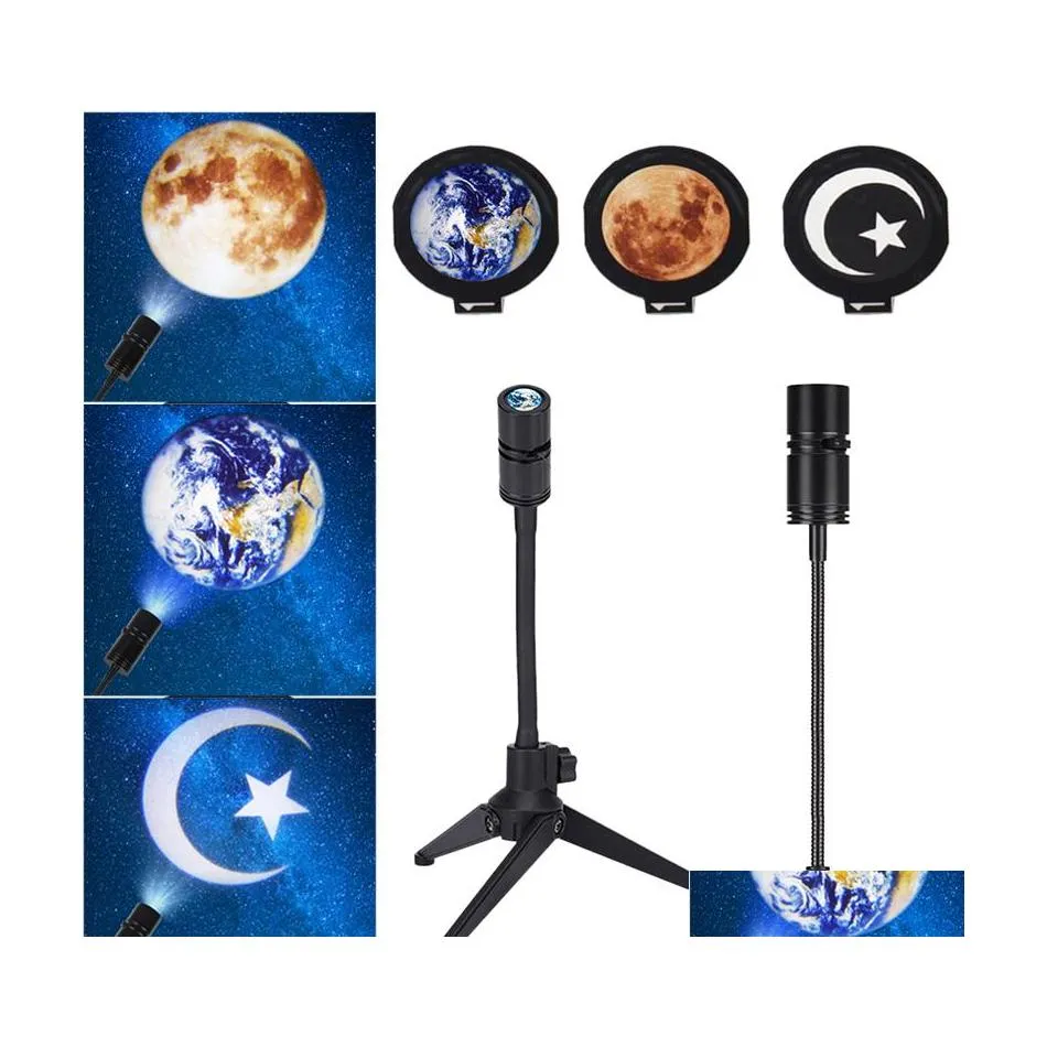 Nattljus himmel projektor nattljus planet magiska m￥ne jordprojektion led lampa 360 ﾰ roterbar USB 5v 3w barn sovrum v￤ggdekor otwj6