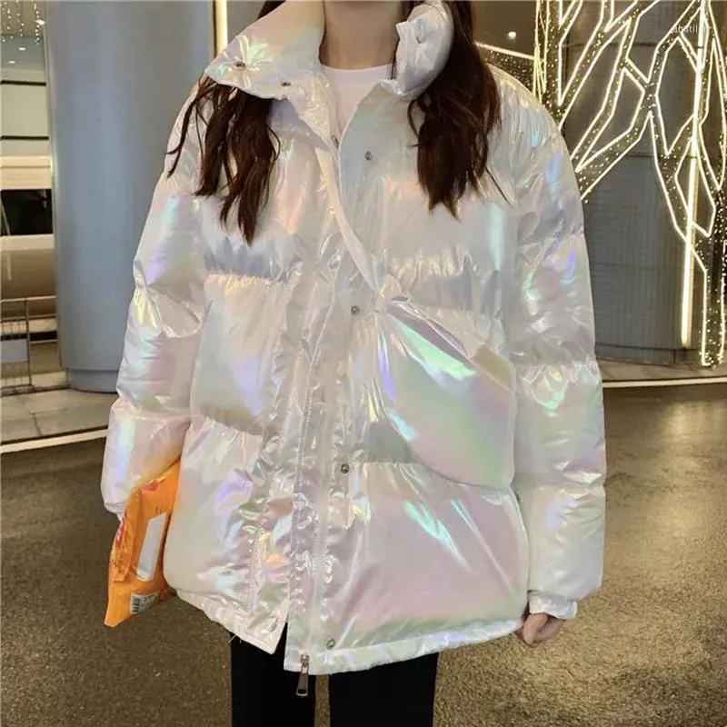 Femme's Down Rimocy brillant coton veste femmes 2022 mode fermeture éclair couleur unie femme Parkas Koraen col montant vêtements d'hiver dames