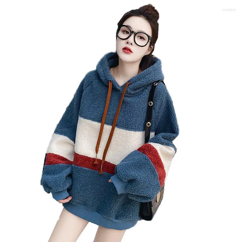 Women's Hoodies Women's Sweatshirt Autumn Winter Hooded Jacket Pullover High Quality Lambskin Faux Fur Hoodie Sportswear Casual Top 1416