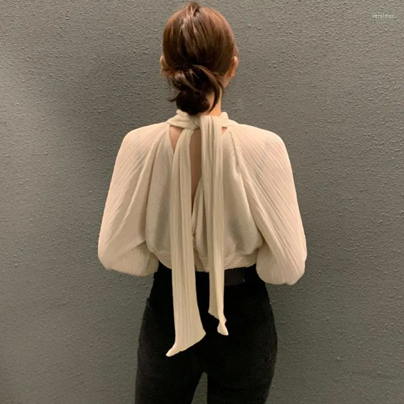 Blouses pour femmes mode coréenne OL élégant bureau Blouse femme col montant à manches longues femmes dos à lacets haut creux femme goutte