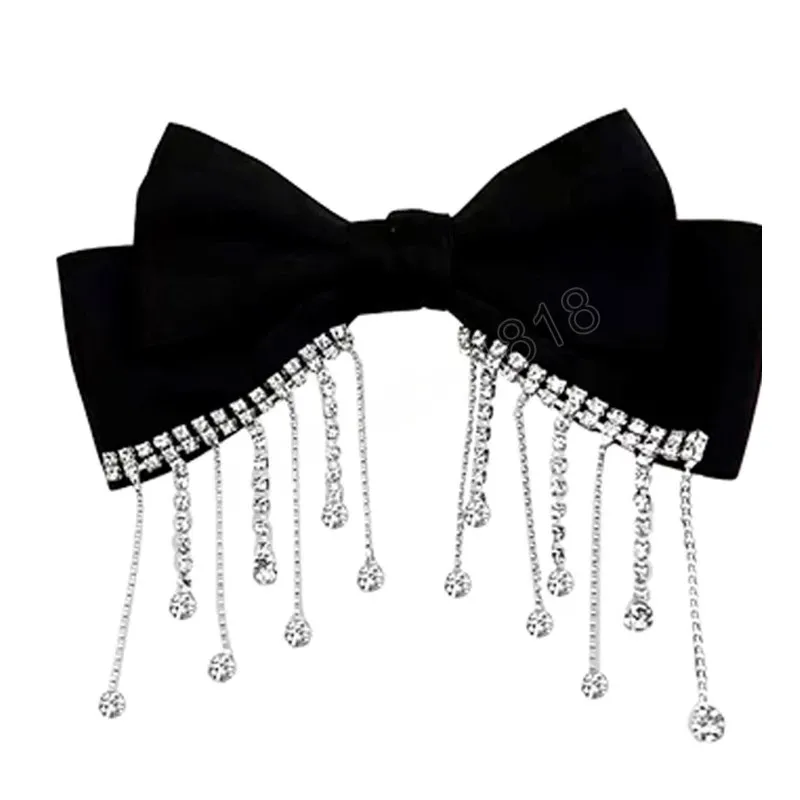 Big Bowknot Bling Rhinestone Tassels Hair Clip Satin Hairpins Barrettes Pononyil Clip Elegant Shiny Double Bow Hairpin Hear