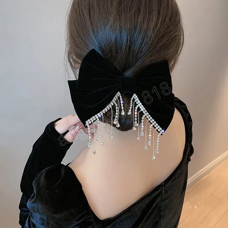 Big Bowknot Bling Rhinestone Tassels Hair Clip Satin Hairpins Barrettes Pononyil Clip Elegant Shiny Double Bow Hairpin Hear