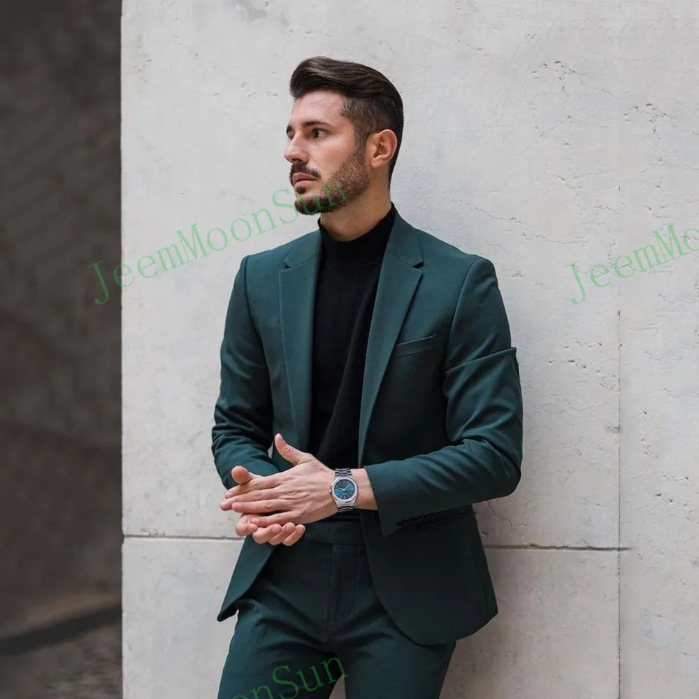 Men's Suits Blazers Dark Green Men 2023 Notched Lapel One Button Slim Fit Prom Wedding Business Groom Tuxedos 2 Pieces Blazer Terno Masculino 221202