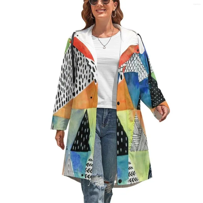 Women's Trench Coats Doodled Geometry Colorful Print Aesthetic Casual Winter Coat Women Outerwear Loose Windbreaker Graphic Clothing