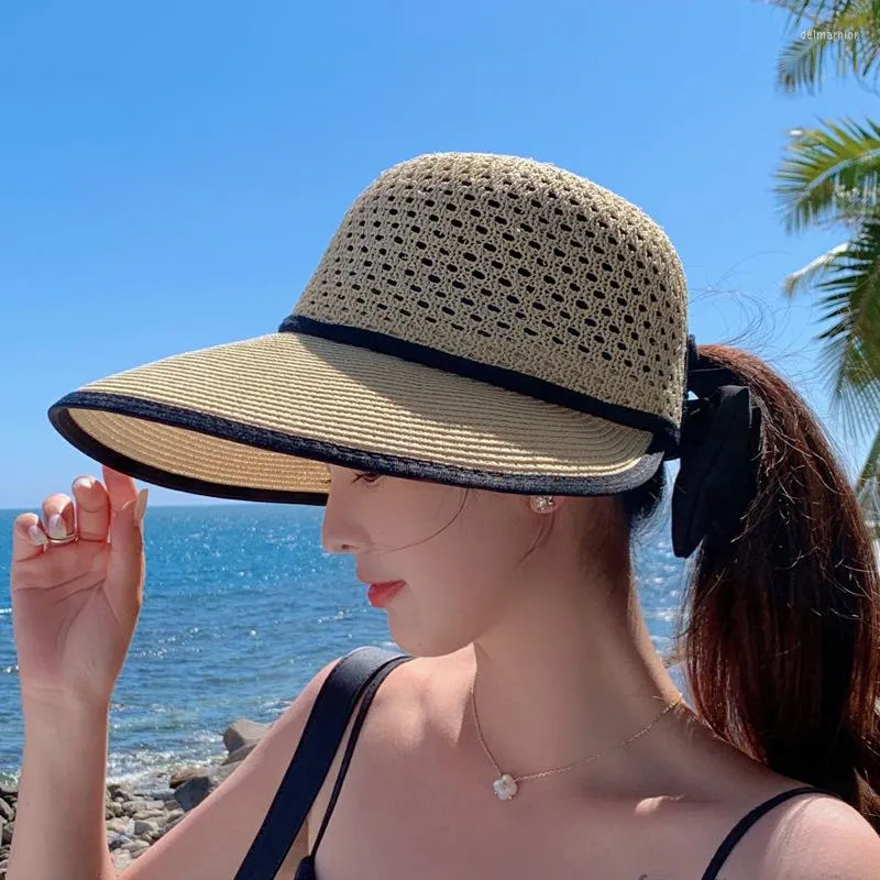 Sombreros de ala ancha Sombrero de paja de verano Gorra con visera hueca para mujer Compras de viaje Sombreado de borde grande que combina con todo