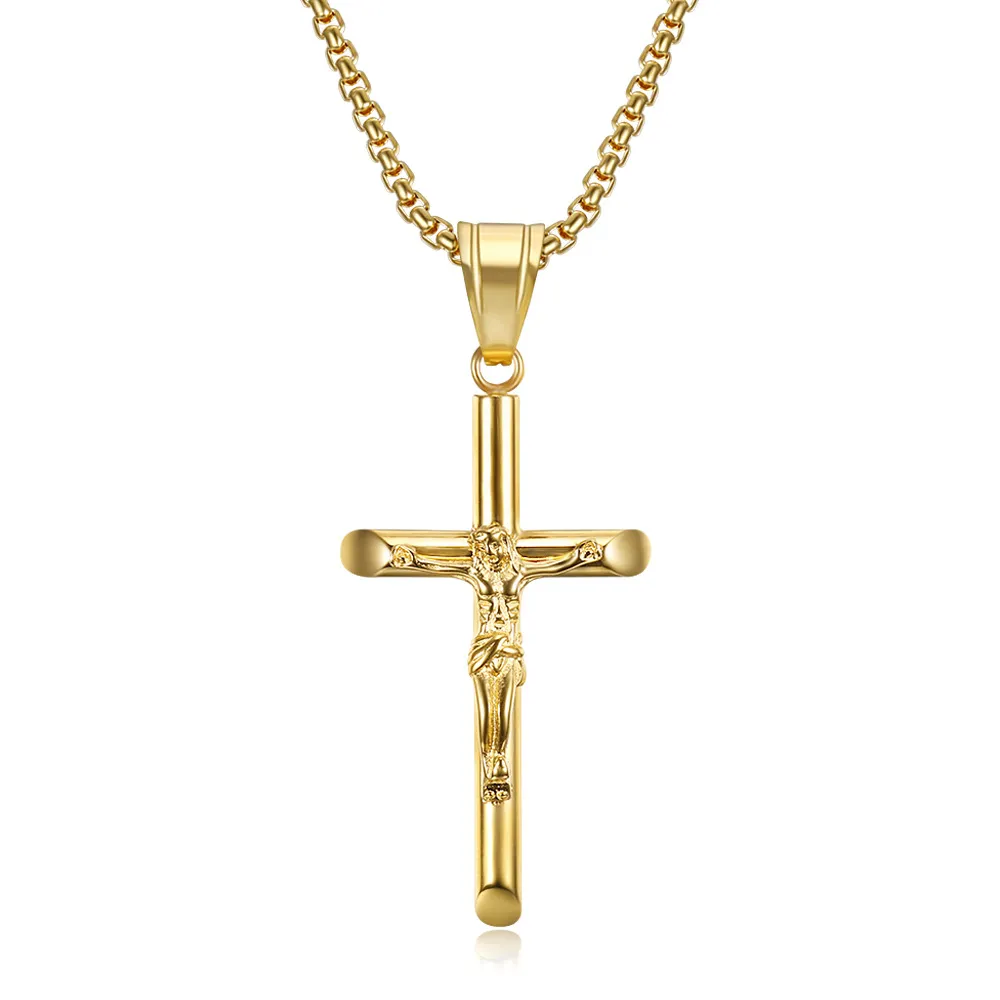 Rostfritt stål Jesus Cross Pendant Necklace Gold Chain Hip Hop Halsband för kvinnor Män fina smycken