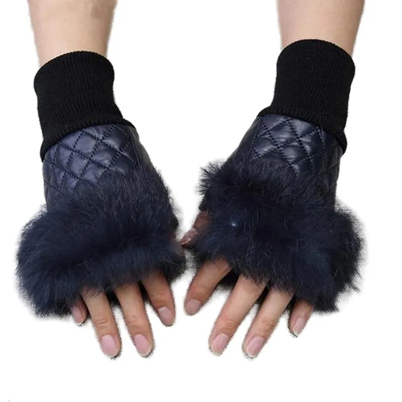 قفازات بدون إصبع الشتاء أزياء حقيقية أرنب الفراء القفازات بدون إصبع النساء قفازات جلدية من جلد الغنم الأصلي AG26 221203