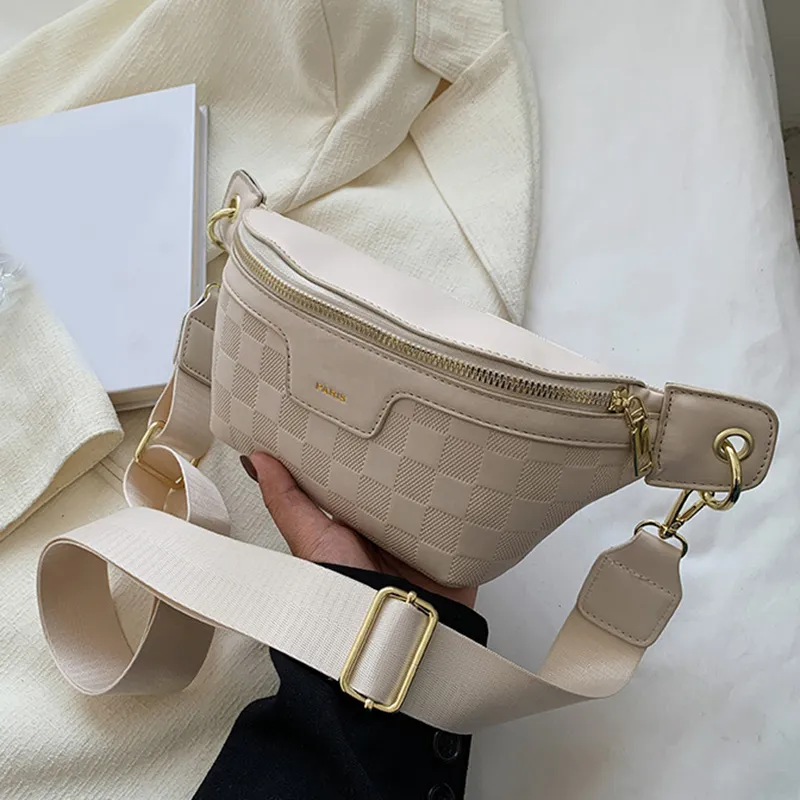 Chest Bag Women Designers Elegant Plaid PU Leather Waist Bags For Womens Waist Packs Stylish Fanny Pack Wide Strap Crossbody 031