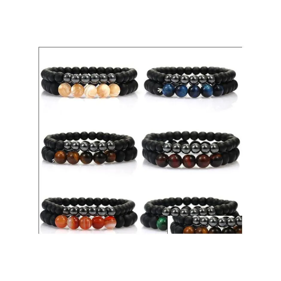 Kralen 2 stks/set 6 mm 8 mm handgemaakte kralen armbanden natuursteen hematiet chakra yoga energie elastische armband voor mannen charm hand chai dh4Ui