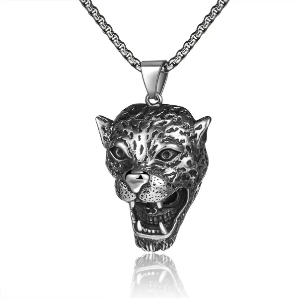 Skulptur Leopardenkopf-Anhänger-Halskette, Edelstahl, keltische Tier-Halskette für Herren, modischer feiner Schmuck