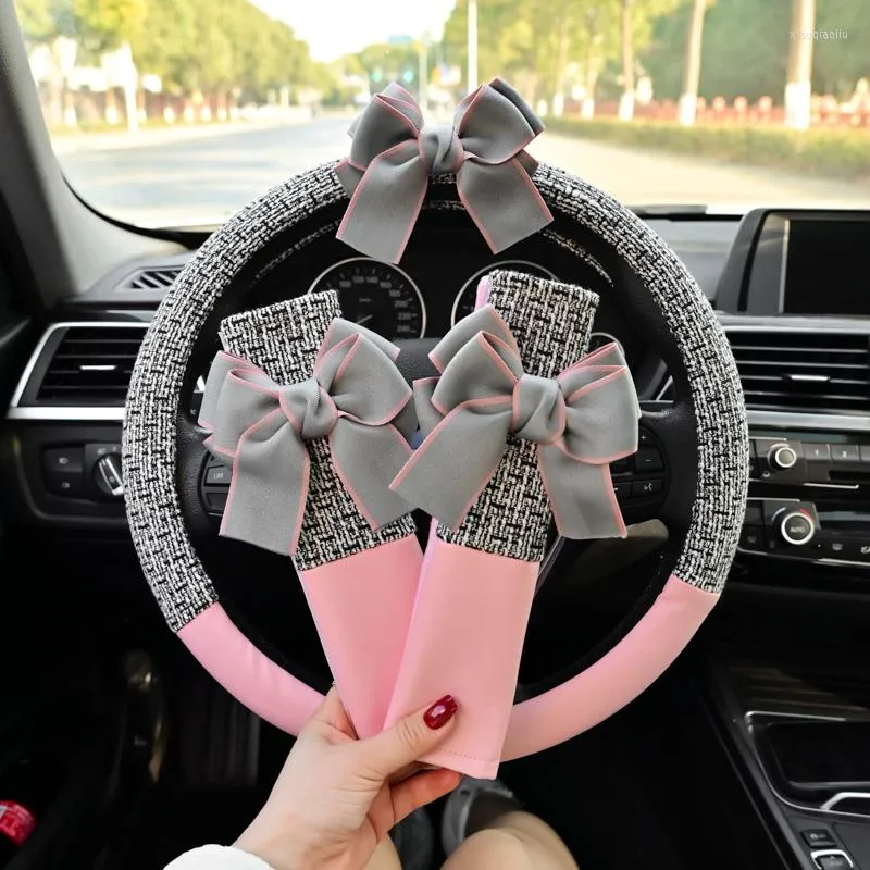 Steering Wheel Covers Classic Plaid Bowknot Universal Car Cover Auto Seat Belt Pad Sets Decro For Women Bow Series Accessories