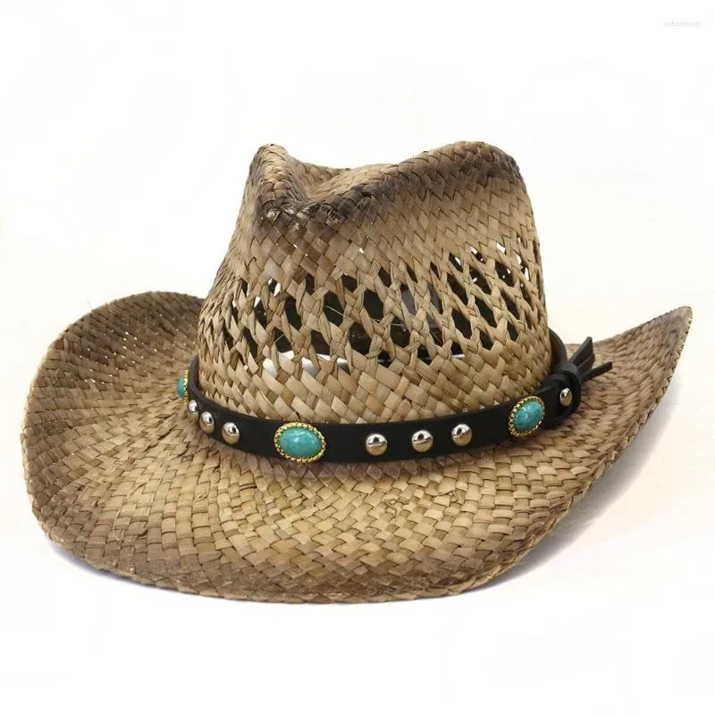 Basker solhattar för kvinnors mans västra cowboy hatt unisex skydd halm handgjorda curling brim panama strandkapslar