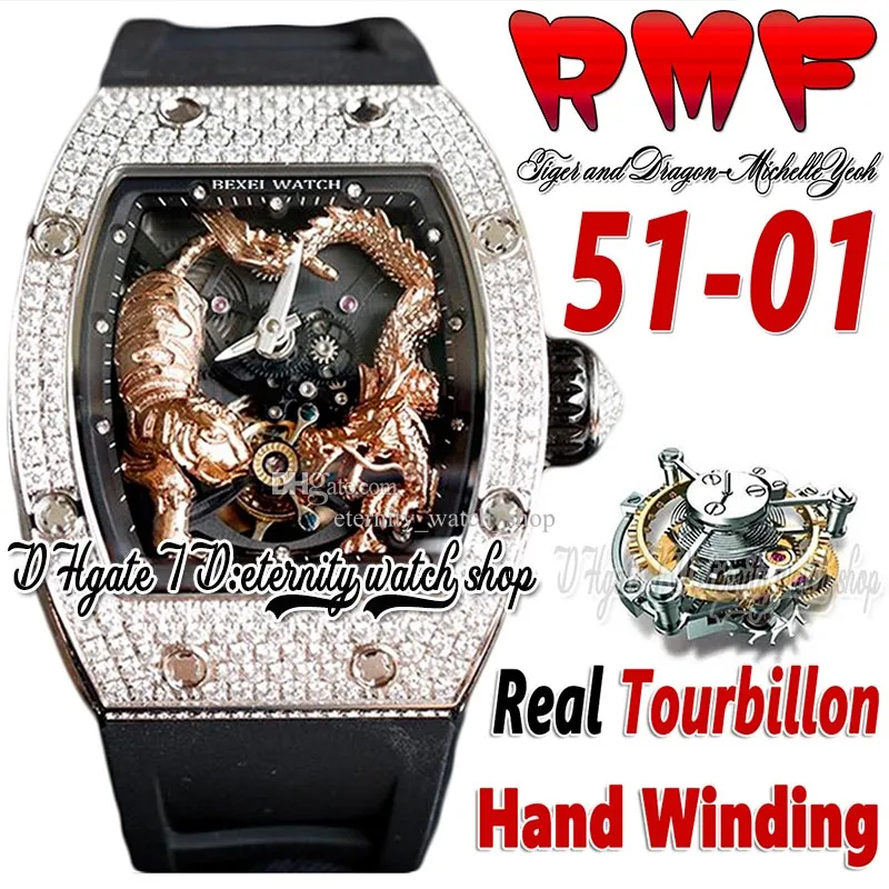 RMF ys51-01 Orologio da uomo Real Tourbillon Carica manuale 3D Gold Dragon Tiger Totem Quadrante Cassa in acciaio con diamanti Cinturino in caucciù nero 2022 Super Edition Sport eternity Orologi