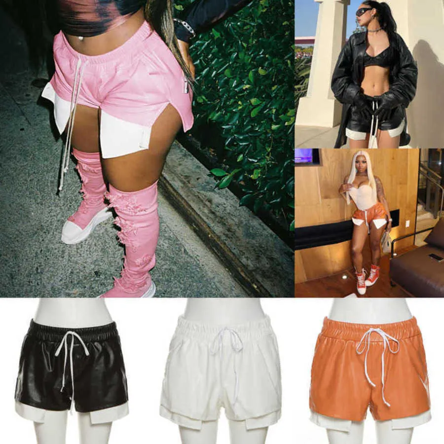 Womens PU-Leder-Shorts Designer 2023 Sexy Kontrastfarbe Schnürung Hohe Taille Tasche Hüfte Enge Lässige Kurze Hosen 4 Farben