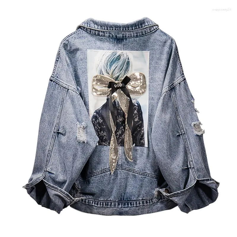 Women's Jackets Women's Cotton Cowboy Coat 2022 Spring Autumn Fashion Loose Denim Jacket Casual Printing Jeans Outerwear Top Female 5XL