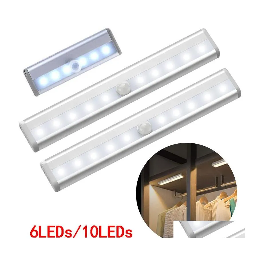 Veilleuses 6/10 LED Pir LED détecteur de mouvement lumière placard armoire lampe de lit alimenté par batterie sous armoire nuit pour placard escaliers ot4jz