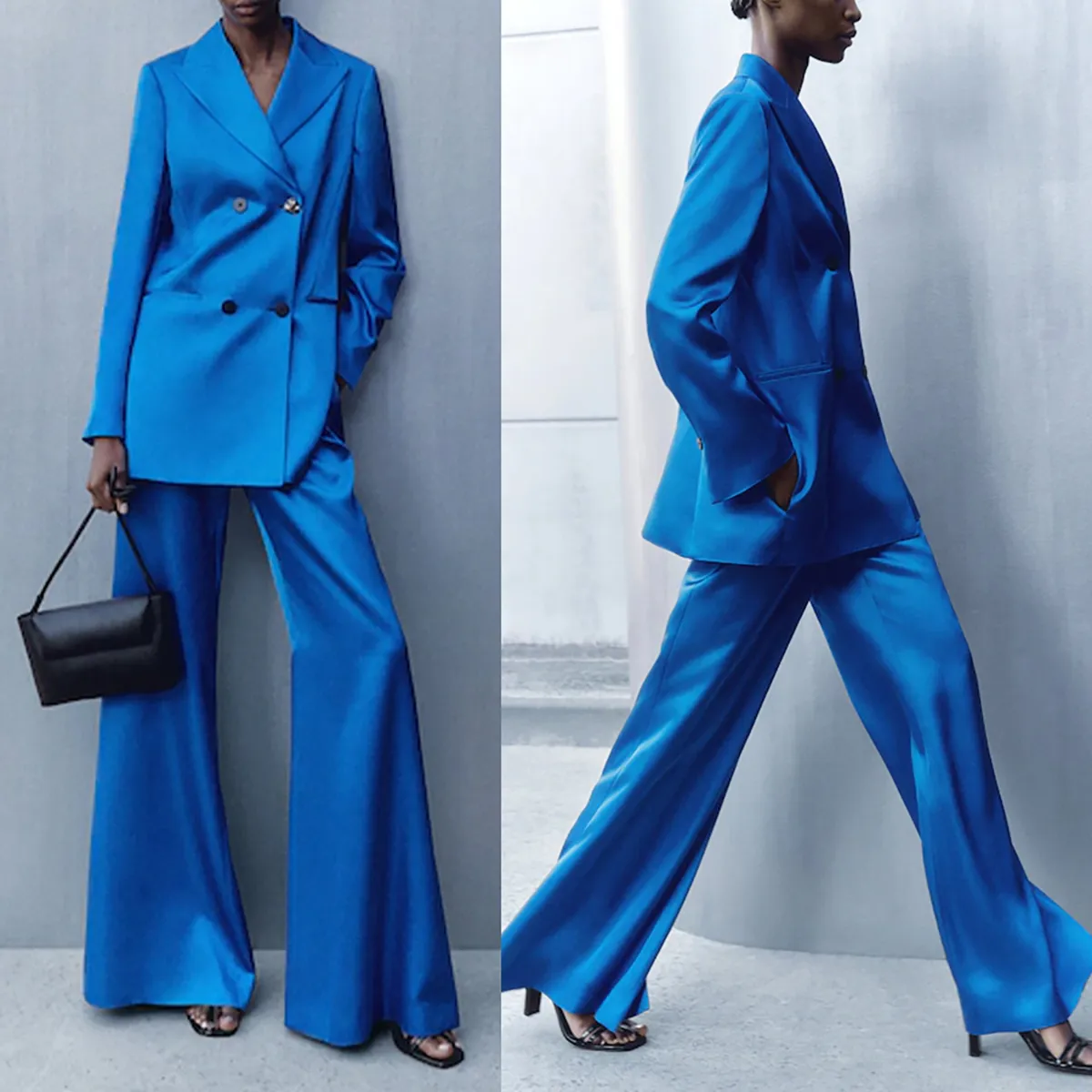 Street Style Women Pants Suits Loose Leisure Blue Wedding Tuxedos Prom Evening Party Wide Leg Wear 2 Pieces