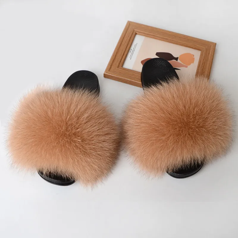 Slippers Fluffy Real Fur Women Summer Indoor Flip Flops Faux Sandals Slides Ladies Homen ry Plush Shoes Woman 221203