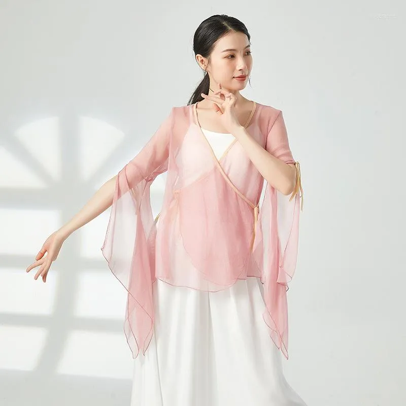 Stage Wear Adult Elegant Chiffon Semi Transparent Belly Dance Cardigan Blouse Cross Side Tie Top For Women Dancing Clothes Dancer Clothing