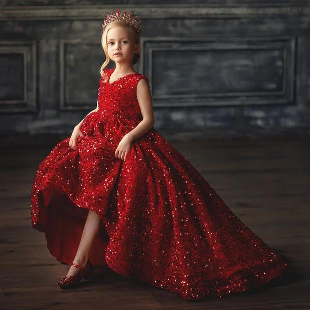 Sparkly Red Sequined Little Girls Pageant Dresses A Line Jewel Neck Long Toddler Formal Wear Bithday Party Graduation Dress 2023