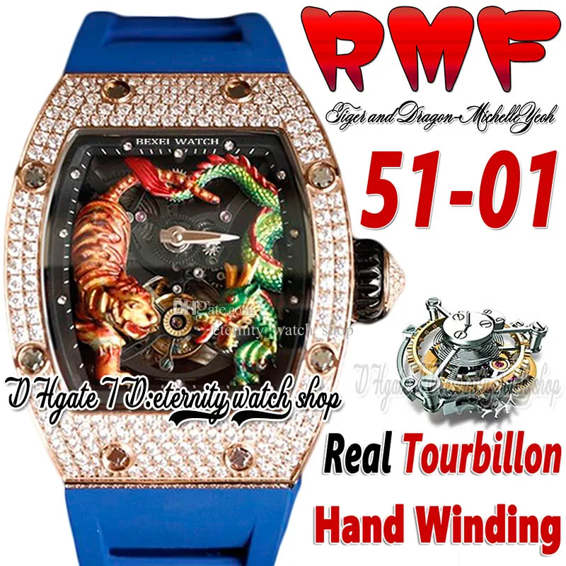 RMF ys51-01 Orologio da uomo Real Tourbillon carica manuale 3D Dragon Tiger Totem quadrante dipinto Cassa in oro rosa con diamanti Cinturino in caucciù blu Super Edition Sport Eternity Orologi