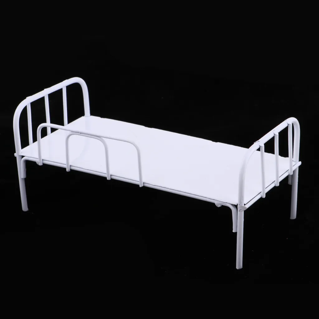 Prettyia 1 / 6 Miniature Single Metal Dormitory Bed Dollhouse 