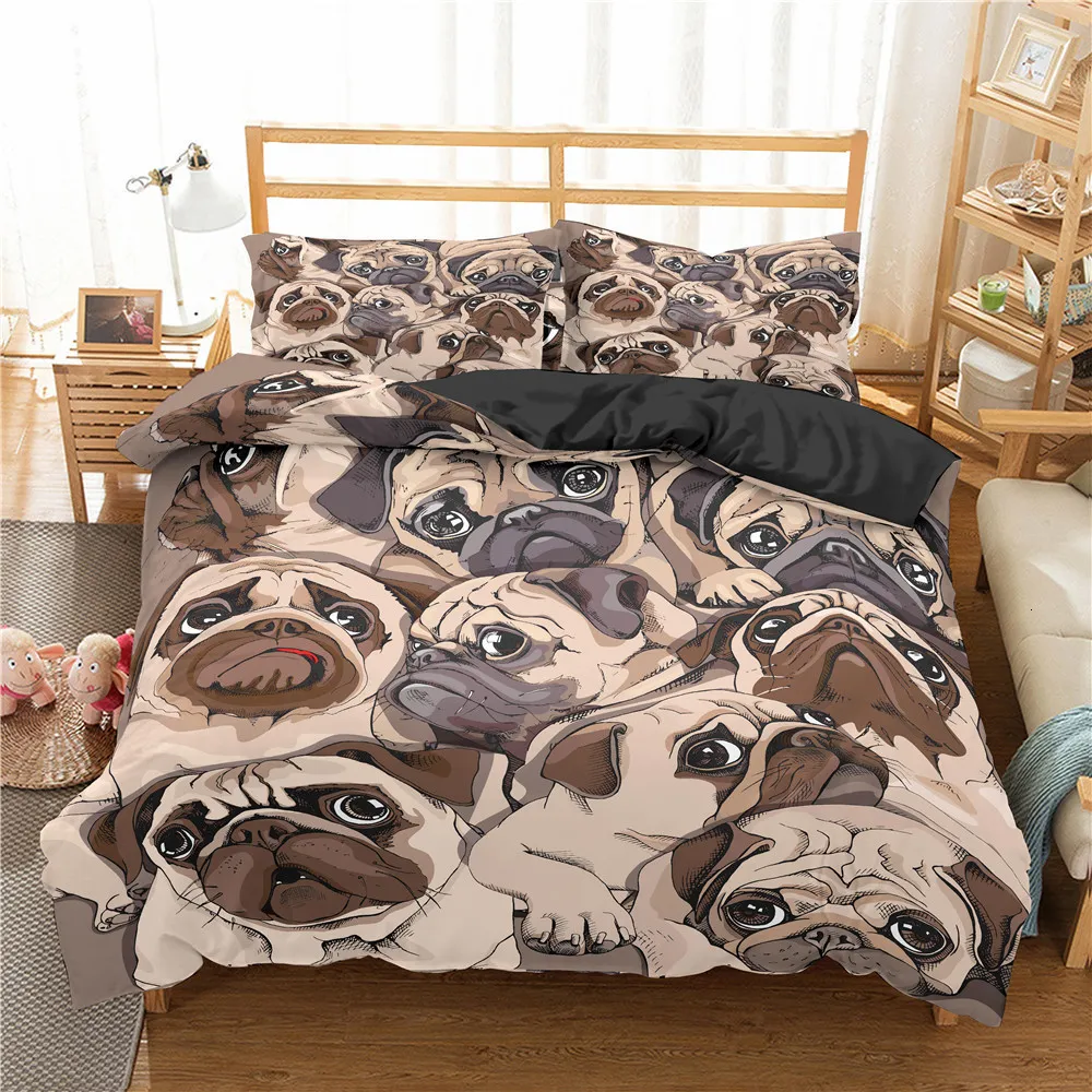 Set di biancheria da letto Cartoon Pug Dog Set copripiumino Cute Theme King Queen Size Soft Comforter per bambini Biancheria da letto in poliestere 221206
