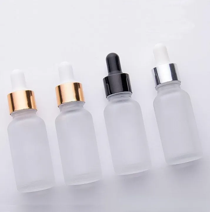 15 ml Clear Frost Glass Droper Bottle Cosmetic 20 ml DIY Essential Oil Flaskor med guld Silver Black Cap