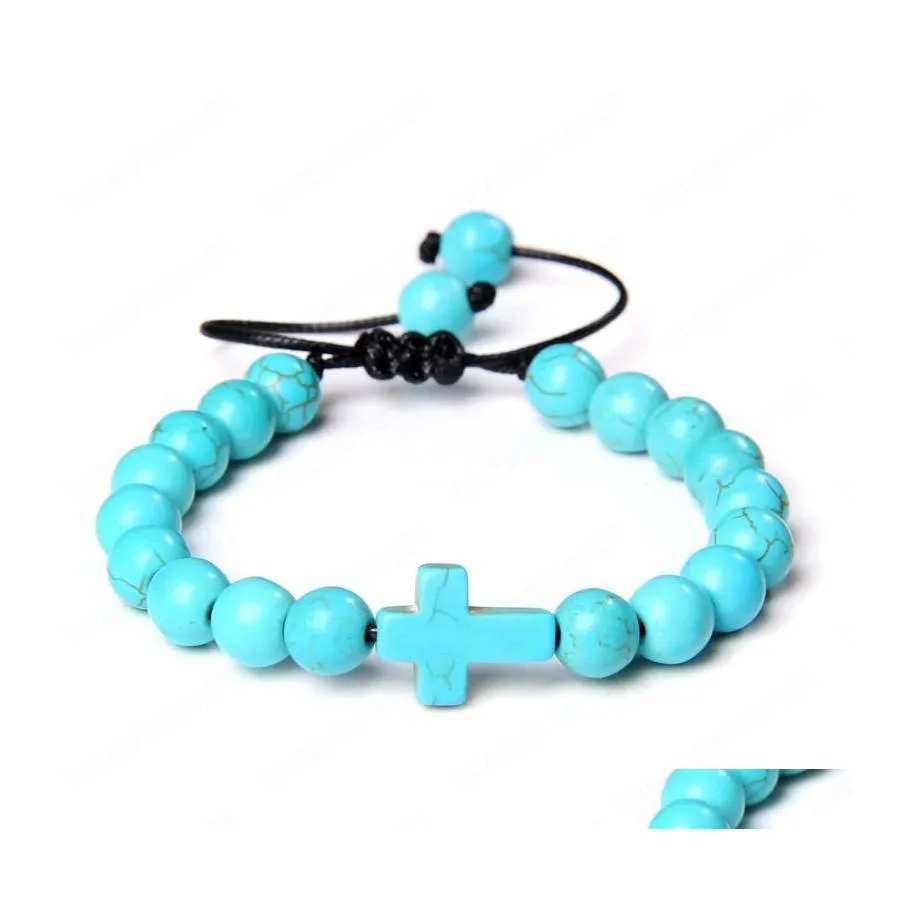 Perlé Pierre Naturelle Tressé Bracelets Turquoises Perles Croix Charme Tissé Bracelet Femme Homme Bijoux Femmes Cadeau Drop Delivery Dhhg6