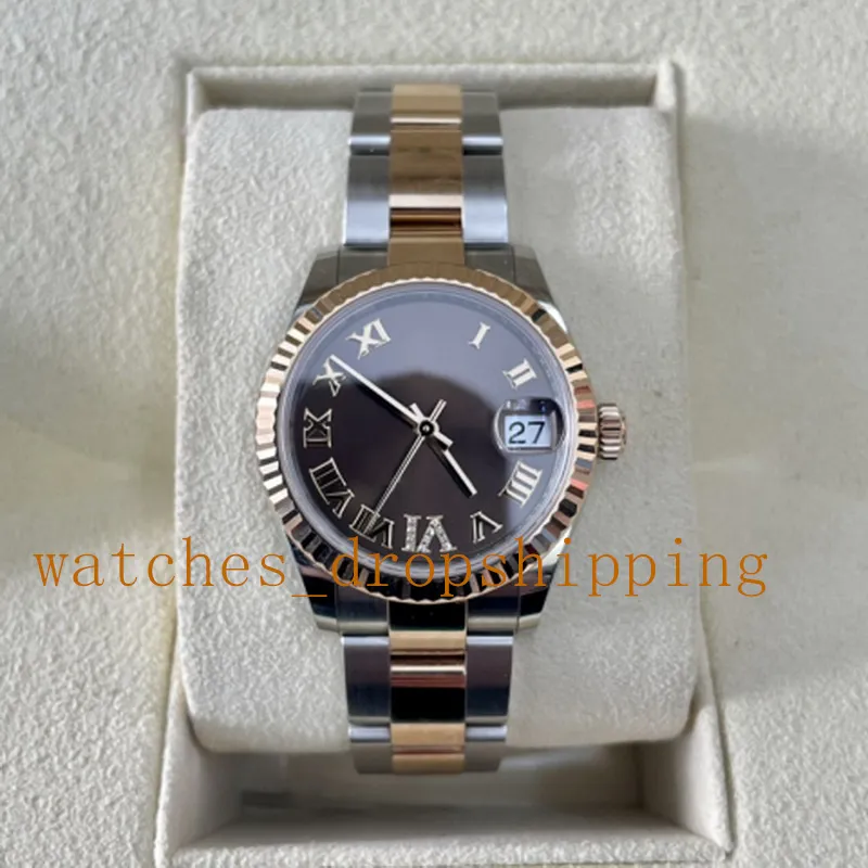 Fashion Lady Watch Dark Brown Roman Dial Automatic Mechanical 6 kl. Diamond 31mm Rose Gold Oyster rostfritt stål Sapphire Perpetual Women armbandsur