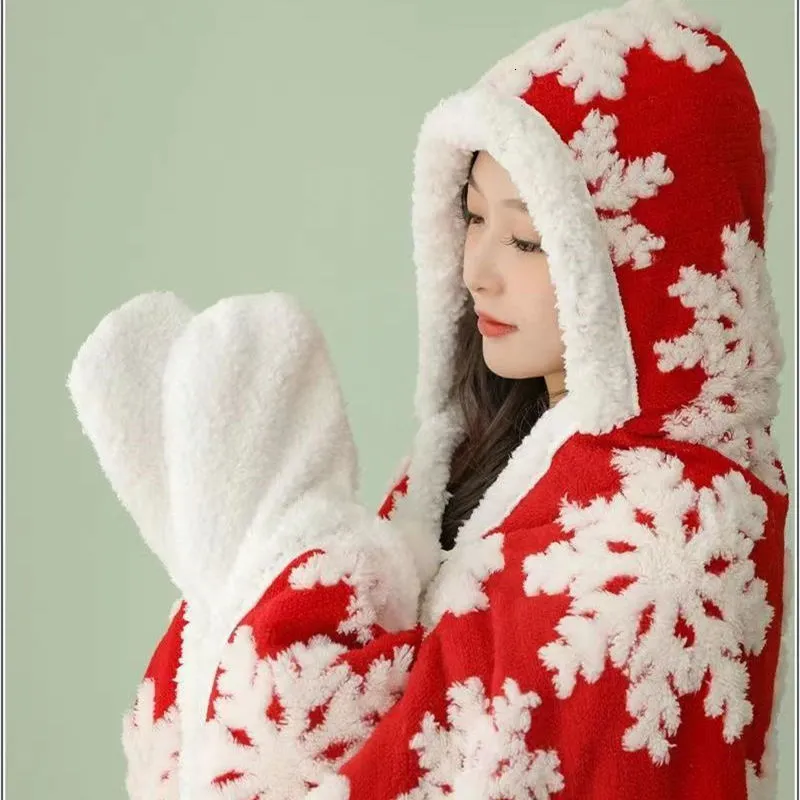 Deken kawaii draagbare koraal fluweel kerst warme worp in winter capuchon mantel volwassenen kinderen jaren cadeaus 221203