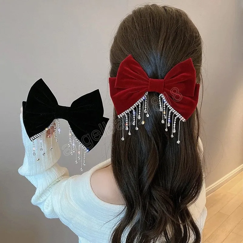 Big Bowknot Bling Rhinestone Tassels Hair Clip Satin Hairpins Barrettes Pononyil Clip Elegant Shiny Double Bow Hairpin Hear